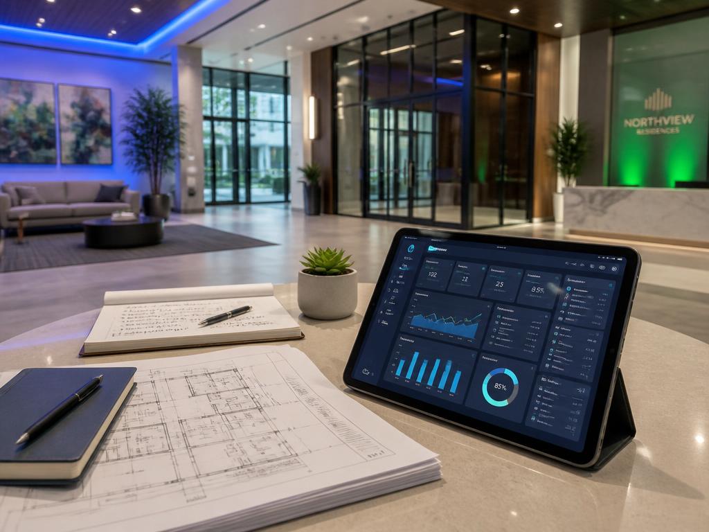 Consultor analisando painéis digitais de gestão condominial em um tablet