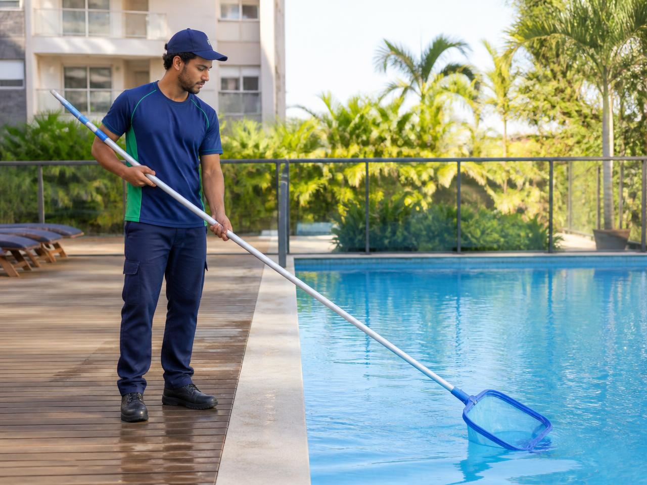 Profissional da W.O em serviço de limpeza de piscina